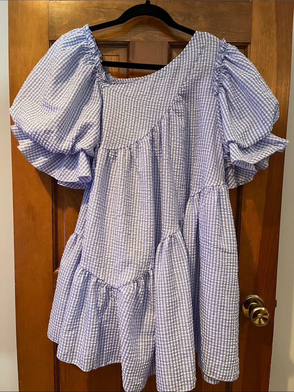 Simplee Gingham Print Puff Sleeve Smock Dress